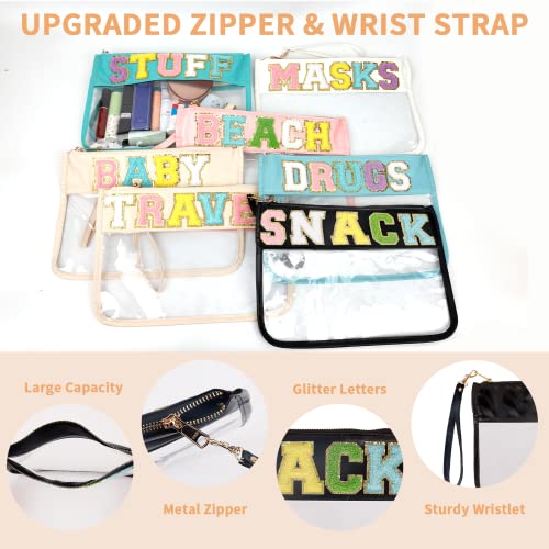 Iqimott Chenille Letter Clear Bag Snack Pouch, Monogram PVC & PU Makeup Cosmetic Bag Zipper Toiletry Pouch, Waterproof Portable Purse Travel Beach Snack Wristlet Bags for Women Girls(Snack, Black) - color: Snack-Black