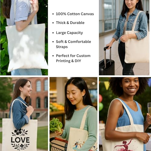 Canvas Tote Bags 15x16 – 2 | 6 | 12 Pack Reusable Cotton Totes for Grocery, Crafts, DIY, Painting - color: Beige