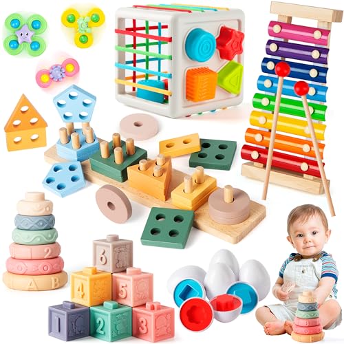 Somastung 7‑in‑1 Montessori Baby Toys for 6‑12 Months & 1+ Years, Infant Sensory Teething & Stacking Blocks | Wooden Shape Sorter, Xylophone Musical Toy, Birthday Gift for Toddlers 1‑3 - size: 7 in 1