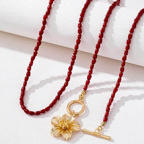 Red Beaded Necklace for Women Choker Gold Toggle Clasp Layered Stack Dainty Statement Western Boho Trendy Summer Vacation Necklaces Birthday Jewelry Gifts - color: B1:Red Beaded Necklace