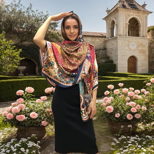 vimate 100% Large Silk Feeling Scarf-Women's Fashion Long Mulberry Silk Satin Neck Scarf Sunscreen Shawl Wrap Headscarf - color: Style 02