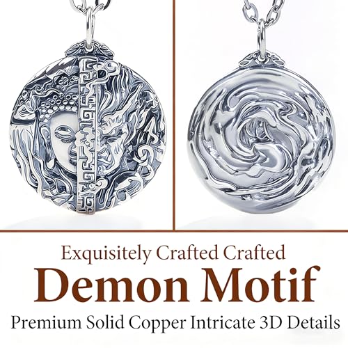 Buddha and Demon Copper Pendant Necklace for Men Women, Vintage Gothic Talisman Style Amulet Necklace for Good Luck, Devil Medallion Buddhist Chain for Protection, Unisex Dark Aesthetic Statement Buddha Jewelry with Gift Box