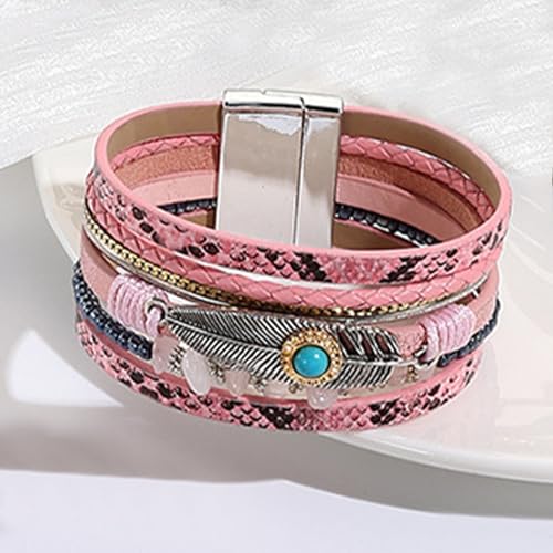 Long tiantian Boho Leather Wrap Bracelets Western Bracelets for Women Stackable Starfish Crystal Pearl Turquoise Leather Bracelet With Clasp Jewelry Gifts Boho Dresses - color: A7:Pink Bracelet