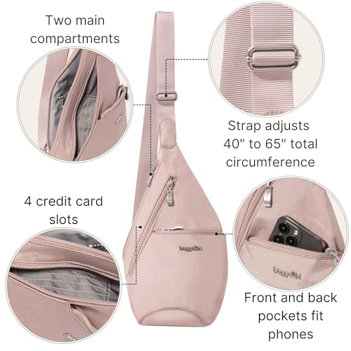 Baggallini Mini Sling - 12x7 Sling Crossbody Bag Backpack with Adjustable Shoulder Strap - color: Blush Shimmer