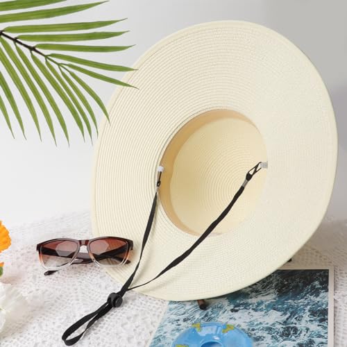 DRESHOW Beach Hats for Women Big Straw Wide Brim Summer Hat Floppy Foldable Roll up Cap Sun Hat UPF 50+ - color: 1 Pack Bowknot Hat: Ivory White, 4.7" Brim