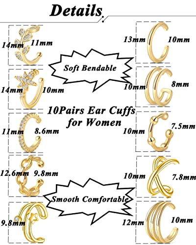 Tornito 4-10 Pairs Stainless Steel Ear Cuff Helix Cartilage Clip On Wrap Earrings Fake Nose Ring Non-Piercing Adjustable - color: A6:10Pairs, Gold Tone