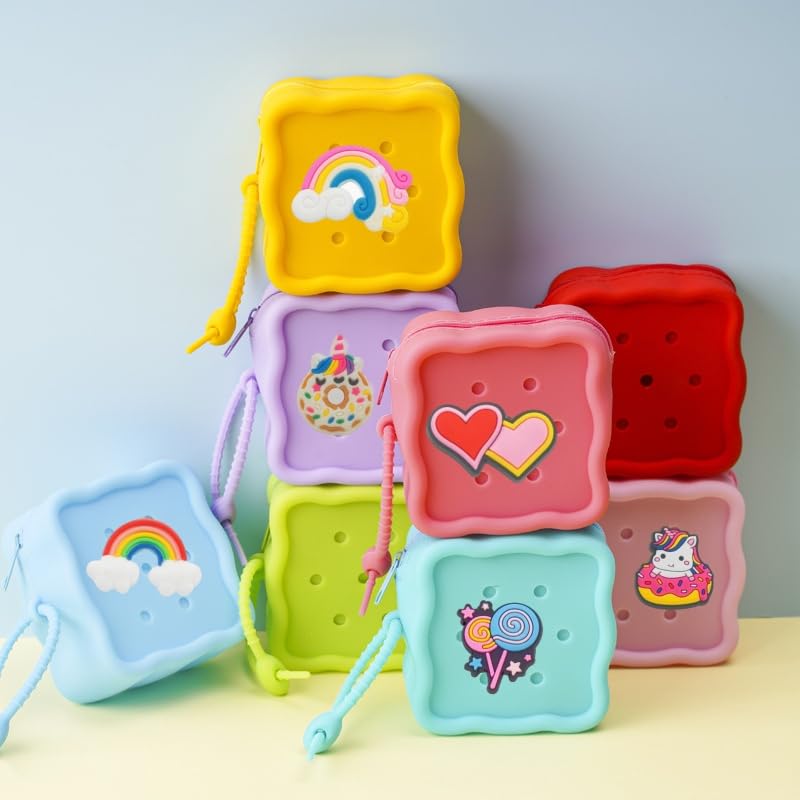 Soft Silicone Zipper Coin Purse Lovely Cartoon Hole Design Miniature Wallet Children's Storage Pouches Organizers For Kid with 25pcs DIY Charms (Pink) - color: Pink