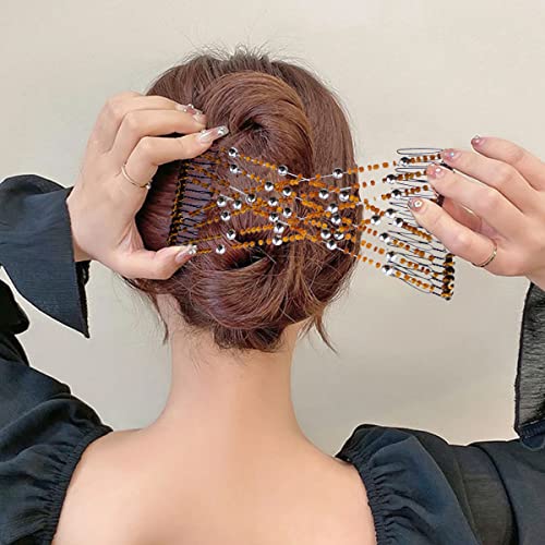 4 Pieces Elastic Beaded Magic Hair Comb Stretchy Double Comb Hair Fork Clips No Crease Hairpins Combs for Women Girls Vintage Hairstyle Multipurpose Hair Accessories, 4 Color (Beads Style) - color: Brown, black, blue, white