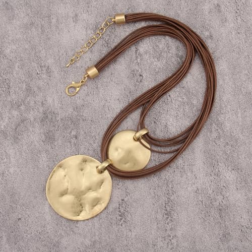 Leather Necklace for Women Large Pendant Hippie Choker Necklace Vintage Sweater Necklace Chunky Boho Necklaces for Women - style: Funky Statement Necklace