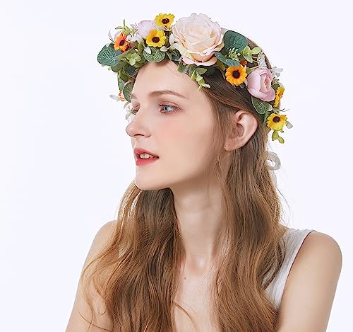 Vivivalue Floral Crown Bridal Flower Headband Hair Wreath Floral Headpiece Halo Boho with Ribbon Wedding Party Festival Photos - color: 5