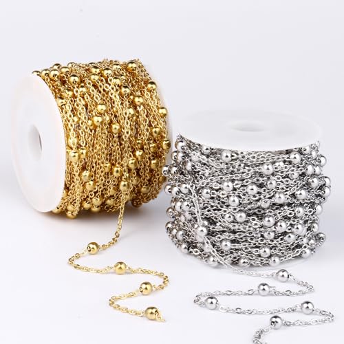 33 Feet Stainless Steel Satellite Bead Chains Roll, 2mm 304 Stainless Steel Ball Beaded Cable Link Chains Spool Bulk for Jewelry Making DIY Craft - color: Stainless Steel Big Beads Satellite Cable Chain