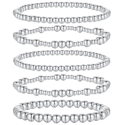 XIANNVXI 5PC Platinum Plated Silver Beaded Bracelet for Women Stretch Elastic Stackable Bead Ball Bracelet Trendy Set Women Dainty Jewelry - color: Silver C