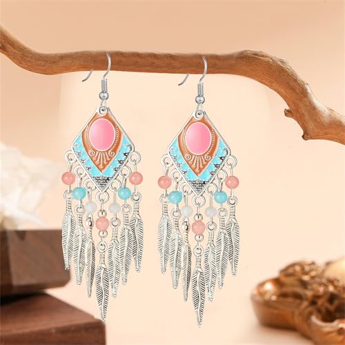 Boho Turquoise Drop Earrings Retro Long Copper Feather Tasse Metal Leaf Dangle Earrings Vintage Country Western Jewelry Cowgirl Ethnic Style Geometric Concert Festival Accessories for Women - color: Pink