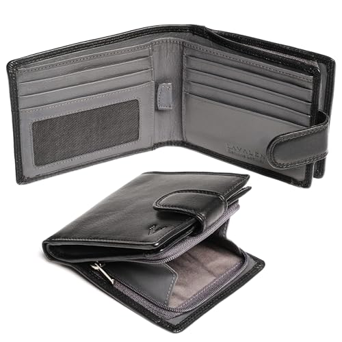 Soft Leather Wallet for Men - Mens Wallet Bifold with Zipper Coin Pocket - Holds Bills, Credit Cards, Coins - Carteras para Hombres Piel - Billeteras de Hombres Cuero Original - RFID Blocking - color: Black - Grey