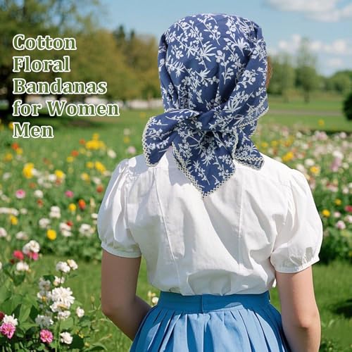 Floral Bandanas for Women Men, 27" x 27" Large Cotton Bandana Headband Head Wraps Hair Scarf for Beach Camping - color: Blue Floral-little Leaf