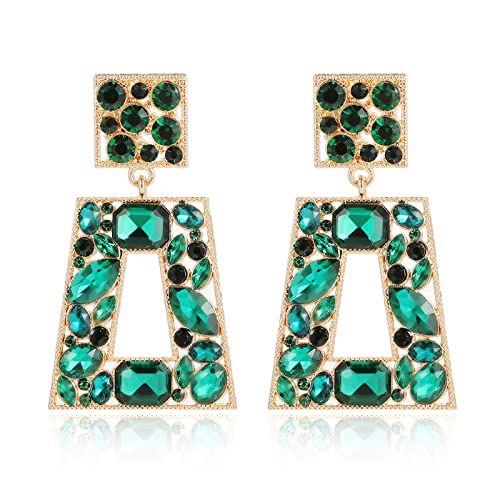 Rhinestone Rectangle Statement Earrings Colorful Crystal Geometric Drop Dangle Earrings for Women Prom Party - color: Green