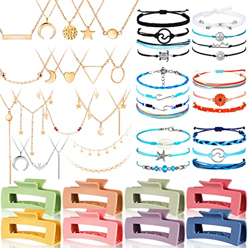 49 Pcs Boho Jewelry Set for Women, Surfer Wave Friendship Bracelets Layered Necklace Hair Clip, Summer Beach Gift - style: Charming