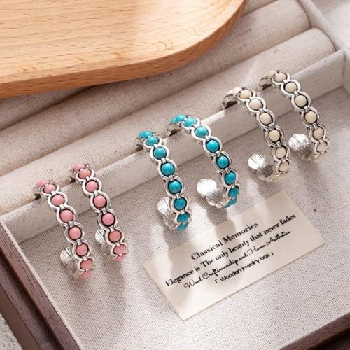 Boho Round Turquoise Hoop Earrings Daisy Flower Turquoise Dangle Earrings for Women Men Vintage Ethnic Accessories Tribal Jewelry - color: Pink