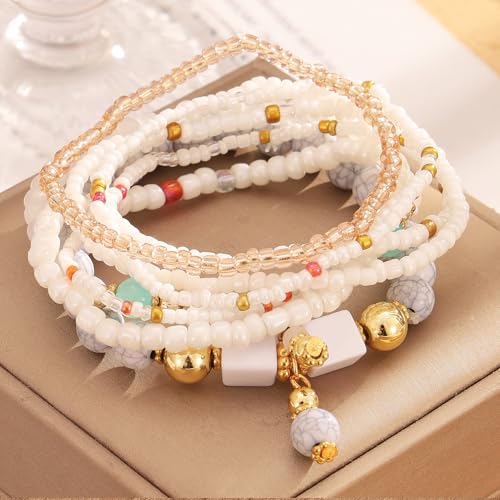 IFKM 8PCS Beaded Bracelets for Women, Multilayered Stackable Strand Stretch Bead Bracelet Pack Handmade Trendy Bohemian Charm Jewelry - color: White