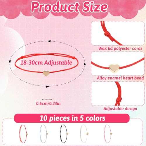 Skrfren 10 Pack Heart Friendship Bracelets, Adjustable Heart Bracelet with Gold Hearts Cord Red Bracelets for Women with Gold Hearts, Red Thread Bracelet for Women Friends Partners Lovers