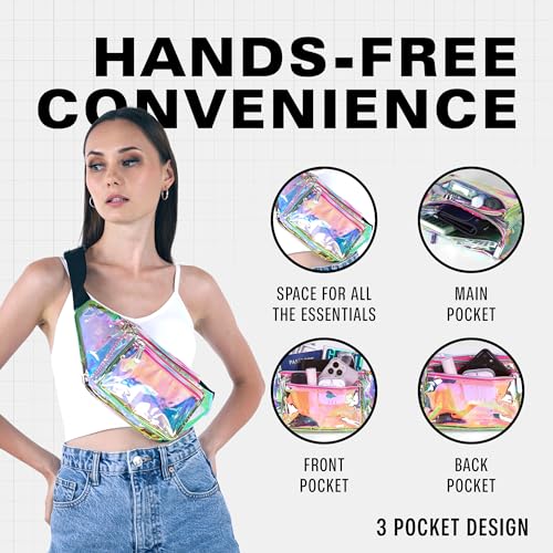 Holographic Clear Fanny Pack Belt Bag | Waterproof fanny pack for Women - Crossbody Bum Waist For Halloween costumes, Hiking, Running, Travel and Stadium Approved (Pink) - color: Pink & Gold / Transparent Holographic