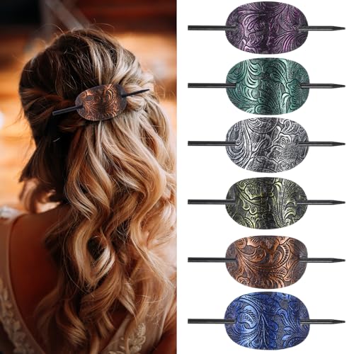 6 Pcs Leather Hair Barrettes with Stick, Hairpin Ponytail Holders Square Shape Hair Accessories Set Handmade Hairs Barrette with Wood Slide Stick for Women