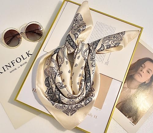 JERLA 100% Pure Mulberry Silk Square Scarf for Hair-27''x27'' Women Men Natural Silk Neckerchief Headscarf - color: Paisley Cream White