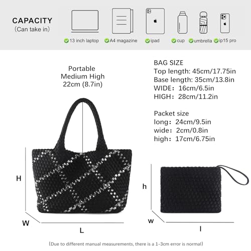 Woven Bag for Women, Large Neoprene Tote Bag Summer Beach Handbag Purse Retro Handmade Travel Shoulder Bag Set - color: Black-s