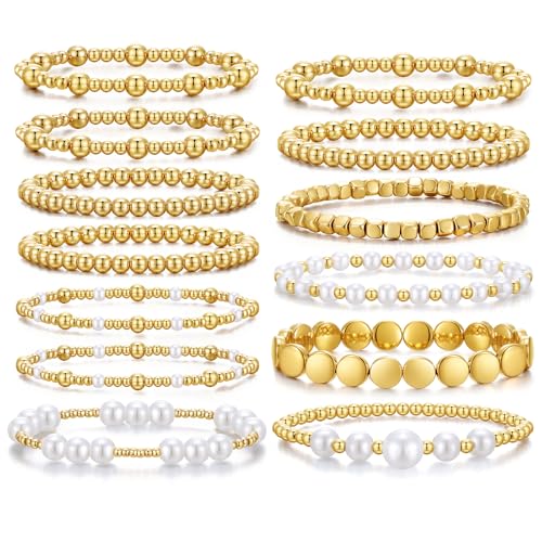KISS WIFE Bracelets for Women, 13 Pcs Gold Silver Beaded Bracelet Stack with Faux Pearl, Stretch Elastic Strand Ball Fashion Jewelry Set, Adjustable Accessories Gifts - color: Gold