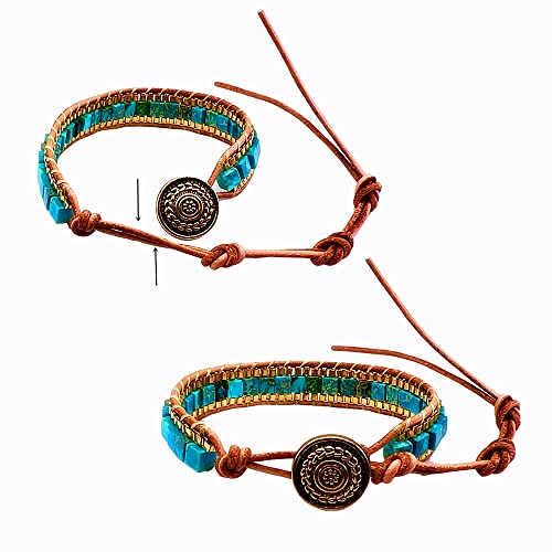 Mens Genuine Leather Bracelet - Handmade Adjustable Leather Cuff Bracelet punk Style leather wrap Wristband for Men - color: W-Turquoise Bead