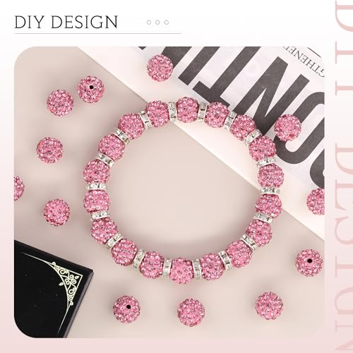 100pcs 10mm Rhinestone Beads for Jewelry Making, Dark Pink Shiny Round Shamballa Disco Ball Beads Bulk, Sparkle Crystal Clay Christmas for Bracelet Baseball Necklace Earring Crafting and DIY - color: Dark Pink, size: 10mm/100pcs