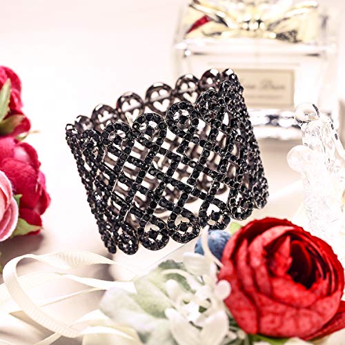 EVER FAITH Art Deco Love Knot Wide Stretch Bridal Bracelet Austrian Crystal - color: Jet Color Black-Tone