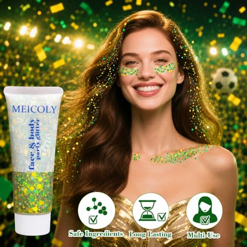 MEICOLY Green and Yellow Hair Glitter,Brazil Body Glitter,Gold Green Hair Sparkle Brasil Face Glitter Makeup for Mardi Gras Carnival Irish Festival Party,Body Glitter Accessories for Women - color: gold and green face glitter