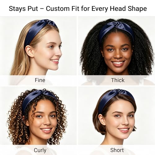 ZLYC Mulberry Silk Headband Elastic Twist Knotted Head Bands for Women's Hair, Solid Navy - color: Solid Navy