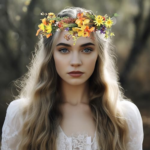 Vivivalue Women Flower Crown Flower Headband Hair Wreath Floral Headpiece Halo Boho with Ribbon Wedding Party Festival Photos - color: P