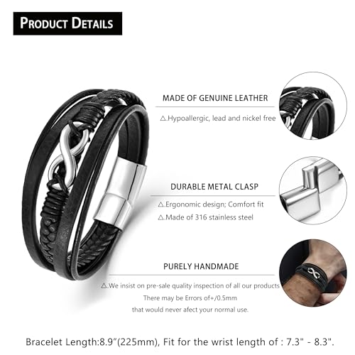 Men's Leather Infinity Bracelet Stainless Steel Number 8 Wristband Cuff Bangle Bracelets Gifts for Men, 8.3 & 9.1 inches - color: 02.Five-layers leather & silver infinity, size: 8.9inch(22.5cm)
