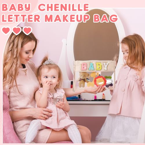 Hillban 2 Pcs Baby Bag Set Chenille Letter Bags Preppy Patch Makeup Pouch Baby Travel Pouch Waterproof Portable Toiletry Storage for Women Mom - style: Baby Theme