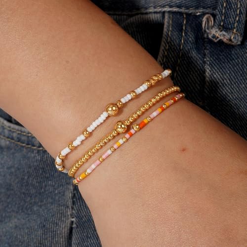 Dainty Gold Plated Tiny Ball Colorful Beaded Stack Bracelets Sets for Women,3Pcs Stackable Cute Bracelet Stretch Trendy Ball Jewelry Friendship Gift - color: Orange