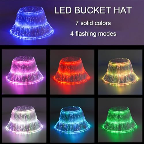 lumisonata LED Rave Bucket Hat Light up Fisherman Cap 7 Colors Glow in the Dark Party Hats USB Rechargeable EDM Festival Gear - color: White