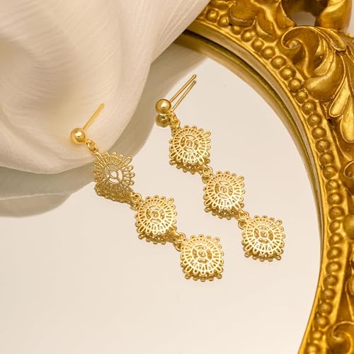 LLWOM 14K Gold/White Gold Plated CZ/Flower/North Star/Leaf Dangle Drop Earrings Studs for Women, Statement Earrings for Wedding Party Prom, Hypoallergenic Jewelry Gift - color: Gold Flower