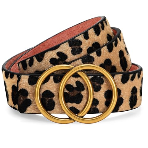 SANSTHS Womens Leather Belt for Jeans Pants Fashion Waist Belts Gold Silver Double Ring Buckle - color: A-leopard Belt-removable Buckle, size: Fits Waist 52-56 inch