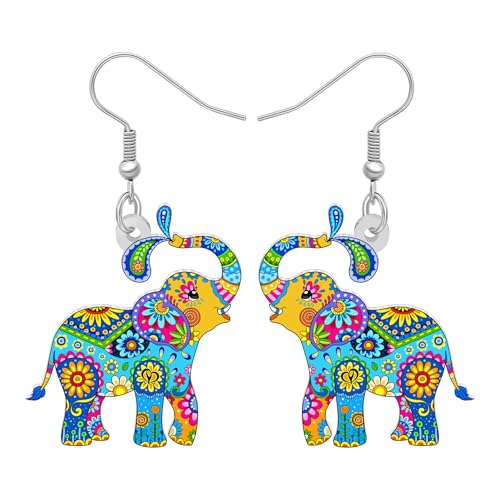 BONSNY Colorful Acrylic Elephant Dangle Earrings Bohemian Tribal Floral Design Boho Jewelry Gifts for Women Funny Novelty Hypoallergenic Spring Summer Gifts Accessories - color: Turquoise