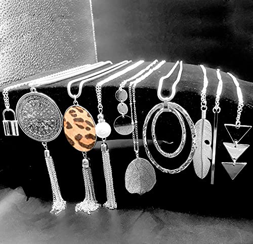 10Pcs Long Pendant Necklace Simple Moon Bar Three Triangle Tassel Lock Sweater Y Shape Punk Chain Choker Necklace for Women Men Gold Silver Plated - style: D:10Pcs Silver Tone