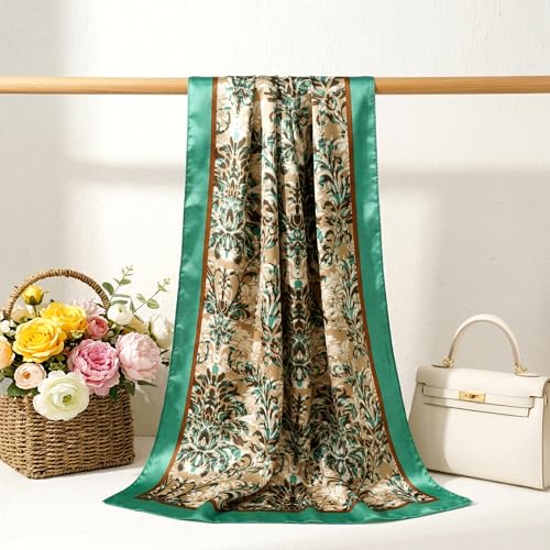 Pistha Head Scarf Bandana for Women, Satin Scarf for Hair, Large Square Silk Bandana Headscarf for Women and Men 35 Inch - style: Flower-green