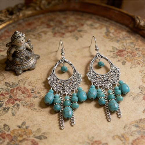 coadipress Bohemian Turquoise Beaded Tassel Earring for Women Ethnic Chandelier Boho Beads Earrings Hollow Out Turquoises Beaded Statement Earrings Ethnic Style Jewelry Gifts - color: Turquoise Tassel