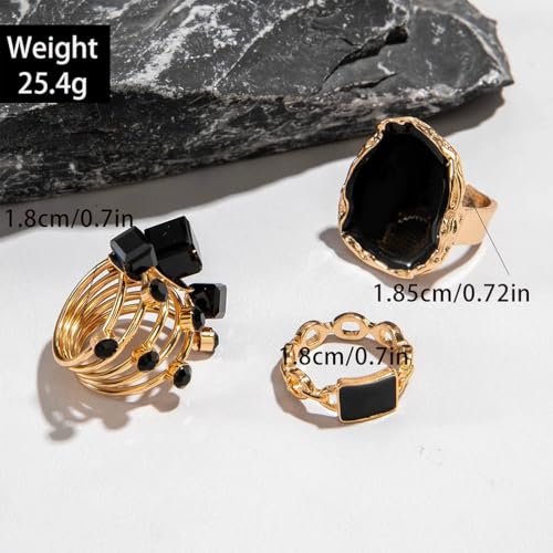 Chunky Gold and Black Two-tone Enamel Drip Band Rings Set for Women, Vintage Statement Large Crystal CZ Ring Big Party Prom Jewelry Gift Accessories - color: Black -Gold