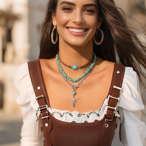 Western Necklaces Boho Layered Charm Necklace for Women Turquoise Beaded Choker Ox-head Pendant Necklace Western Jewelry for Women Cowgirl Accessories - color: Style-D