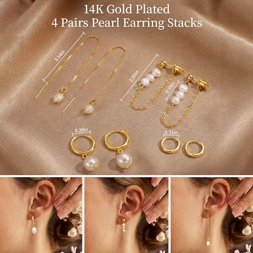 Pearl Earrings for Women, Gold Plated Huggie Hoop Drop Earrings | Hypoallergenic pearl hoop earrings designed for multiple piercings, cartilage styling and everyday wear - style: 4 pearl chain earring set