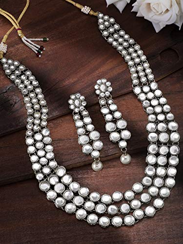Aheli Indian Bollywood Style Wedding Faux Kundan Necklace with Earrings Set Ethnic Bharatanatyam jewellery set Gift for Women - color: White 1