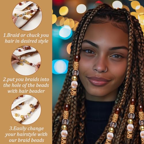 60 Pcs Wood Hair Beads for Braids, Exquisite Brown Beads for Hair, Beautiful Round Hairs Jewelry Accessories for Women Girl Men Cuffs DIY Bracelets Necklace Braids